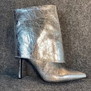 New INC Sabeel Silver Crinkle Leather Fold Over Cuff Booties Womens 12 Mid Calf